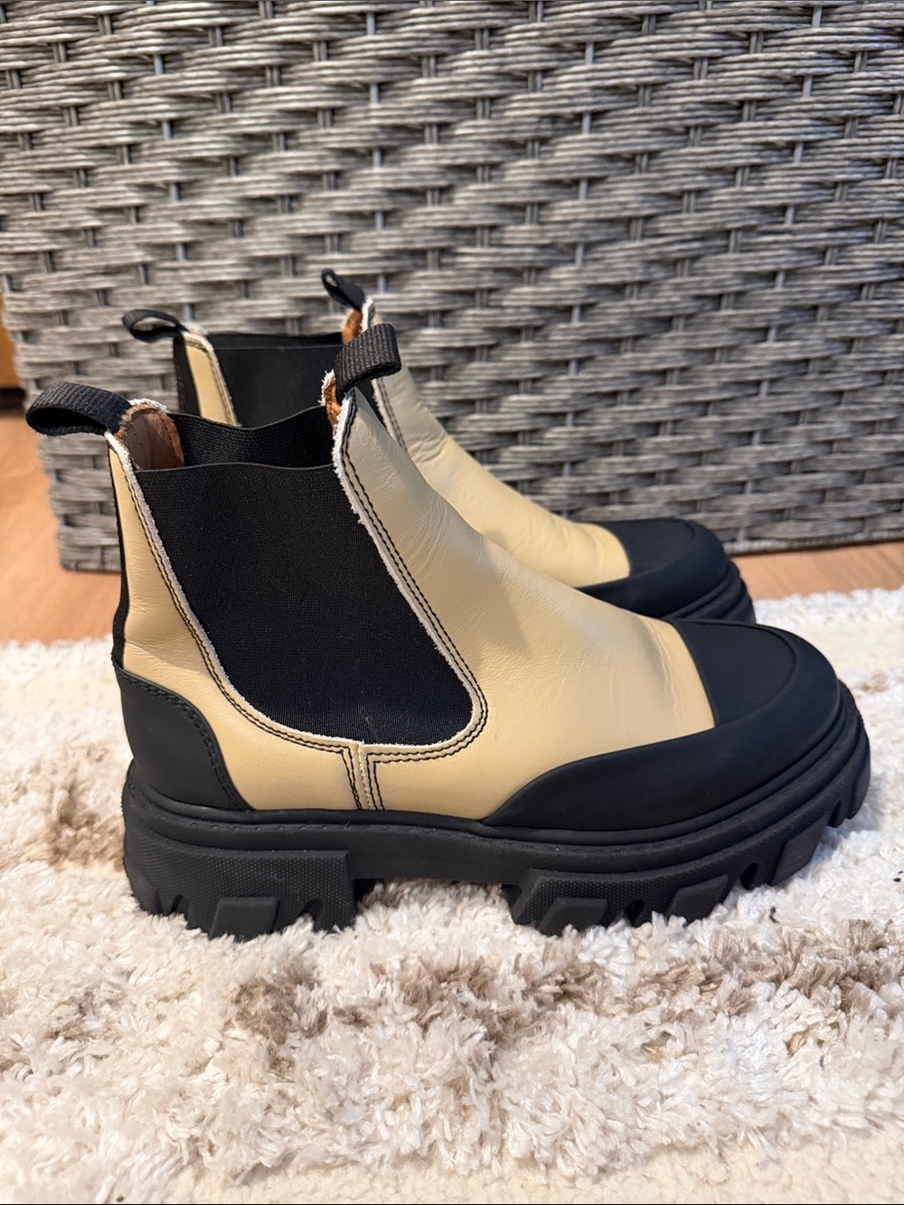 Ganni Two-Tone Cream and Black Lug Chelsea Boot size 39